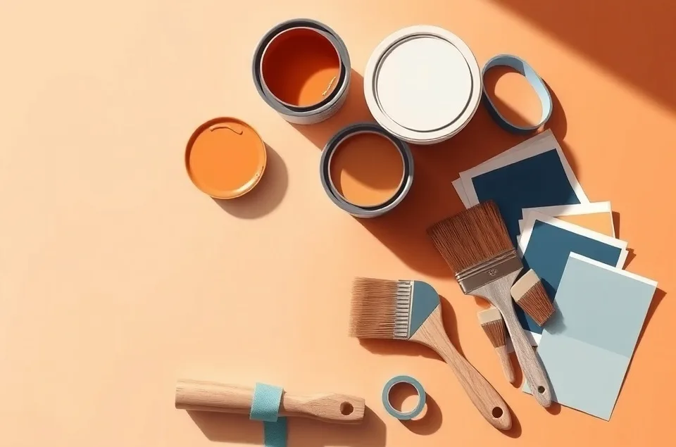 Pots de peinture, nuancier, brosses et rouleaux disposés à plat