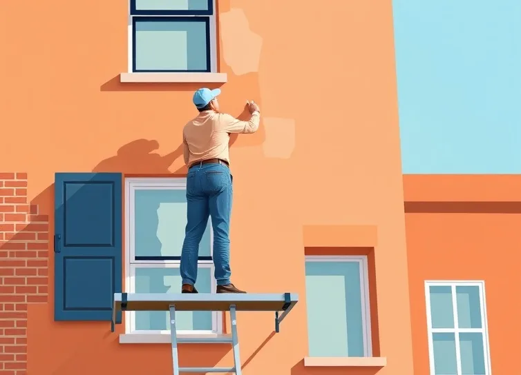 Peintre sur échafaudage traitant la façade d'une maison